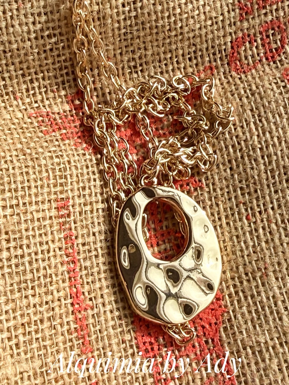 Gold Hammered Open Oval Pendant extra long Necklace